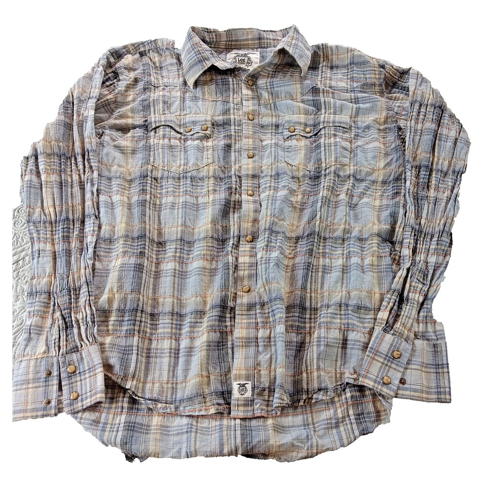 Lee Dungarees Western Pearl Snap Double Pocket XL Shirt Blue Plaid